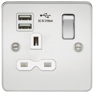 Picture of 1 GANG SOCKET  FLAT PLATE
C/W DUAL USB CHARGER POLISHED CHROME WH/INS
