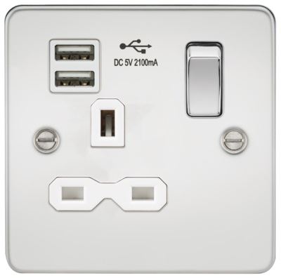 Picture of 1 GANG SOCKET  FLAT PLATE
C/W DUAL USB CHARGER POLISHED CHROME WH/INS