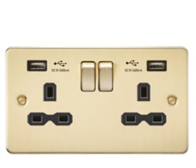 Picture of 2 GANG SOCKET  FLAT PLATE
C/W DUAL USB CHARGER BRUSHED BRASS BLK/INS