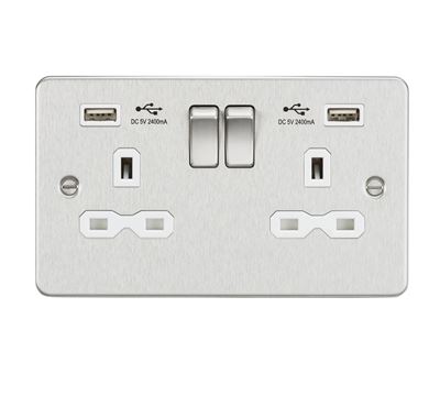 Picture of 2 GANG SOCKET  FLAT PLATE
C/W DUAL USB CHARGER BRUSHED CHROME WH/INS