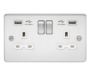 Picture of 2 GANG SOCKET  FLAT PLATE
C/W DUAL USB CHARGER POLISHED CHROME WH/INS