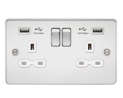 Picture of 2 GANG SOCKET  FLAT PLATE
C/W DUAL USB CHARGER POLISHED CHROME WH/INS