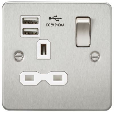 Picture of 1 GANG SOCKET  FLAT PLATE
C/W DUAL USB CHARGER BRUSHED CHROME WH/INS