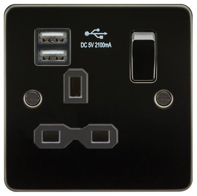 Picture of 1 GANG SOCKET  FLAT PLATE
C/W DUAL USB CHARGER GUNMETAL  BLK/INS