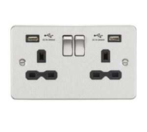 Picture of 2 GANG SOCKET  FLAT PLATE
C/W DUAL USB CHARGER BRUSHED CHROME BLK/INS