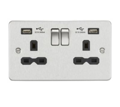 Picture of 2 GANG SOCKET  FLAT PLATE
C/W DUAL USB CHARGER BRUSHED CHROME BLK/INS