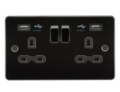 Picture of 2 GANG SOCKET  FLAT PLATE
C/W DUAL USB CHARGER GUNMETAL  BLK/INS