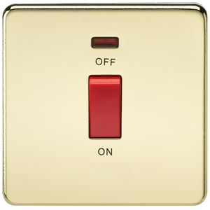 Picture of 45A DP  SWITCH  C/W NEON SCREWLESS FLAT PLATE
1 GANG POLISHED BRASS