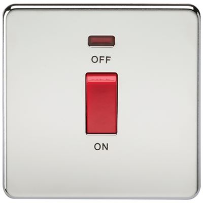 Picture of 45A DP  SWITCH  C/W NEON SCREWLESS FLAT PLATE
1 GANG POLISHED CHROME