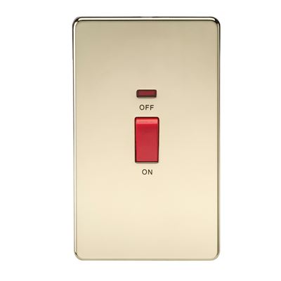 Picture of 45A DP  SWITCH  C/W NEON SCREWLESS FLAT PLATE
2 GANG POLISHED BRASS