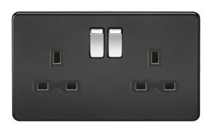 Picture of 2 GANG SOCKET MATT BLACK Chrome Switches 
Screwless Flat Plate 