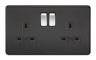 Picture of 2 GANG SOCKET MATT BLACK Chrome Switches 
Screwless Flat Plate 