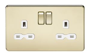 Picture of 2 GANG SOCKET POLISHED BRASS
SCREWLESS FLAT PLATE WHITE INSERT