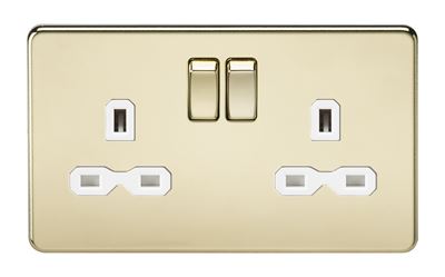 Picture of 2 GANG SOCKET POLISHED BRASS
SCREWLESS FLAT PLATE WHITE INSERT