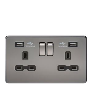 Picture of 2 GANG SOCKET SCREWLESS FLAT PLATE
C/W DUAL USB CHARGER BLACK NICKEL BLK/INS
