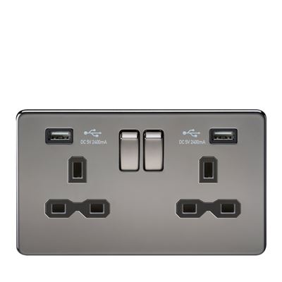 Picture of 2 GANG SOCKET SCREWLESS FLAT PLATE
C/W DUAL USB CHARGER BLACK NICKEL BLK/INS