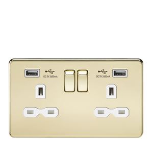 Picture of 2 GANG SOCKET POLISHED BRASS C/W 2 USB POINTS
SCREWLESS FLAT PLATE WHITE INSERT