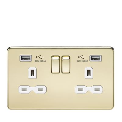 Picture of 2 GANG SOCKET POLISHED BRASS C/W 2 USB POINTS
SCREWLESS FLAT PLATE WHITE INSERT