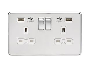 Picture of 2 GANG SOCKET SCREWLESS FLAT PLATE
C/W DUAL USB CHARGER POLISHED CHROME WH/INS