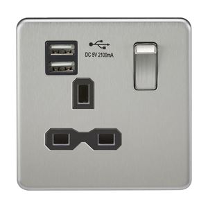 Picture of 1 GANG SOCKET SCREWLESS FLAT PLATE
C/W DUAL USB CHARGER BRUSHED CHROME BLK/INS