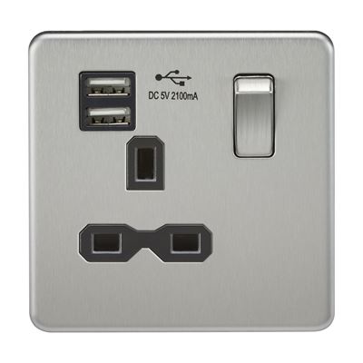 Picture of 1 GANG SOCKET SCREWLESS FLAT PLATE
C/W DUAL USB CHARGER BRUSHED CHROME BLK/INS