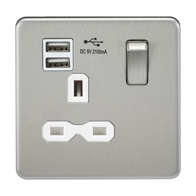 Picture of 1 GANG SOCKET SCREWLESS FLAT PLATE
C/W DUAL USB CHARGER BRUSHED CHROME WH/INS
