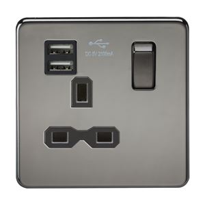 Picture of 1 GANG SOCKET SCREWLESS FLAT PLATE
C/W DUAL USB CHARGER BLACK NICKEL BLK/INS