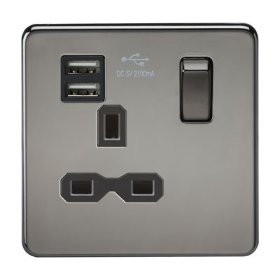 Picture of 1 GANG SOCKET SCREWLESS FLAT PLATE
C/W DUAL USB CHARGER BLACK NICKEL BLK/INS
