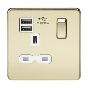Picture of 1 GANG SOCKET POLISHED BRASS C/W  USB POINT
SCREWLESS FLAT PLATE WHITE INSERT
