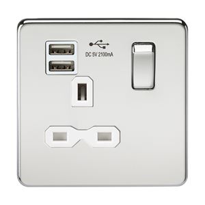 Picture of 1 GANG SOCKET SCREWLESS FLAT PLATE
C/W DUAL USB CHARGER POLISHED CHROME WH/INS