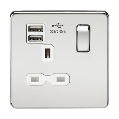 Picture of 1 GANG SOCKET SCREWLESS FLAT PLATE
C/W DUAL USB CHARGER POLISHED CHROME WH/INS