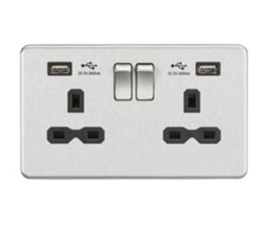 Picture of 2 GANG SOCKET SCREWLESS FLAT PLATE
C/W DUAL USB CHARGER BRUSHED CHROME BLK/INS