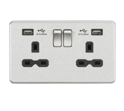 Picture of 2 GANG SOCKET SCREWLESS FLAT PLATE
C/W DUAL USB CHARGER BRUSHED CHROME BLK/INS