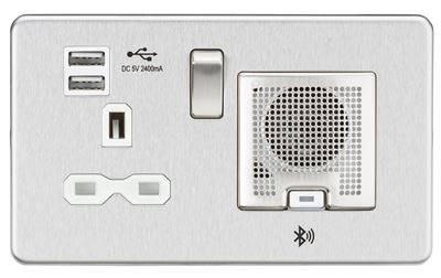 Picture of 2 GANG SOCKET BRUSHED CHROME C/W 2 USB POINTS
BLUE TOOTH SPEAKER
SCREWLESS FLAT PLATE